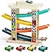 TOP Bright Toddler Wooden Race Track Car Ramp Toys for 1 2 Year Old Baby Motor Skills Race Tracks Car Ramp Vehicle Playsets with 4 Mini Cars and 1 Car Garage - Image 3