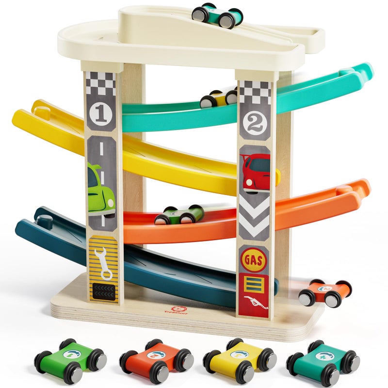 TOP Bright Toddler Wooden Race Track Car Ramp Toys for 1 2 Year Old Baby Motor Skills Race Tracks Car Ramp Vehicle Playsets with 4 Mini Cars and 1 Car Garage - Image 2