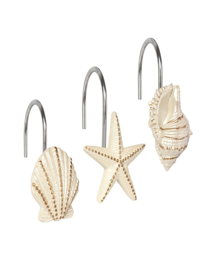 Sunlit Ocean Decorative Shower Curtain Hooks, Pearlescent Seashells Starfish Conch Shower Curtain Rings, Resin, Nautical Bathroom Decoration Beach Shower Curtain Hooks-12 Pack, Bronze Gold - Image 1
