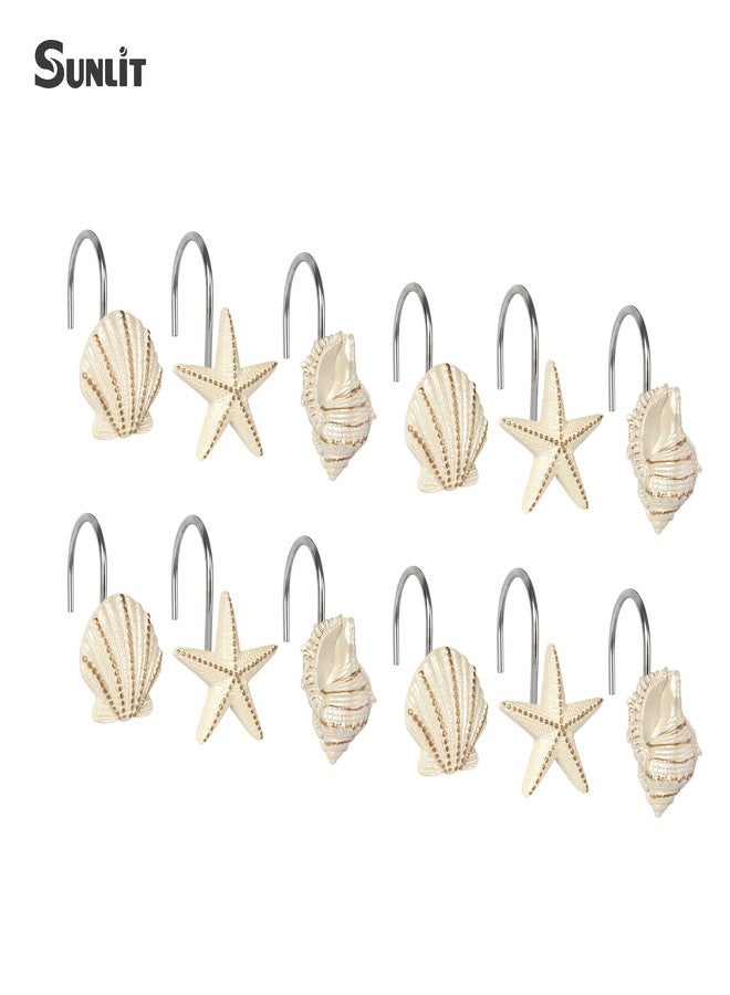 Sunlit Ocean Decorative Shower Curtain Hooks, Pearlescent Seashells Starfish Conch Shower Curtain Rings, Resin, Nautical Bathroom Decoration Beach Shower Curtain Hooks-12 Pack, Bronze Gold - Image 3