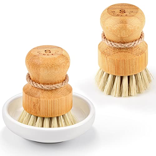 SUBEKYU Bamboo Dish Scrub Brushes, Kitchen Wooden Cleaning Scrubbers Set for Washing Cast Iron Pan/Pot, Natural Sisal Bristles, Set of 2 - Image 1