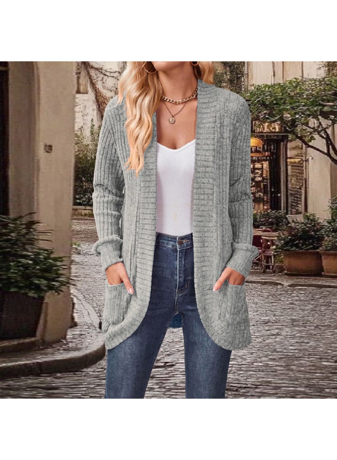 European And American Fashion Popular Autumn And Winter Fashion Long-sleeved Loose Casual Solid Color Pocket Cardigan Knitted Jacket