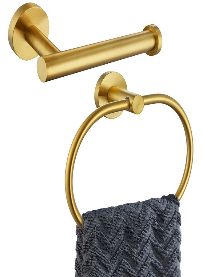APLusee 2 Pieces Bathroom Hardware Set Brushed Gold, Contemporary 304 Stainless Steel Storage Accessories Kit with Oval Hand Towel Ring, Toilet Paper Holder Wall Mounted - Image 1