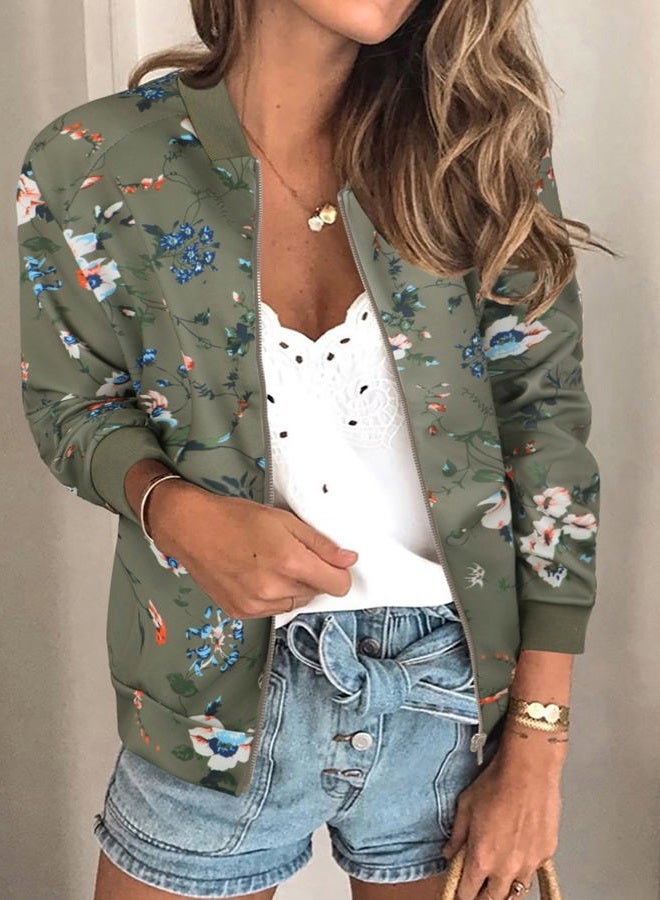 ECOWISH Womens Jackets Lightweight Zip Up Casual Inspired Bomber Jacket Leopard Coat Stand Collar Short Outwear Tops, 337 Army Green, L - Image 2