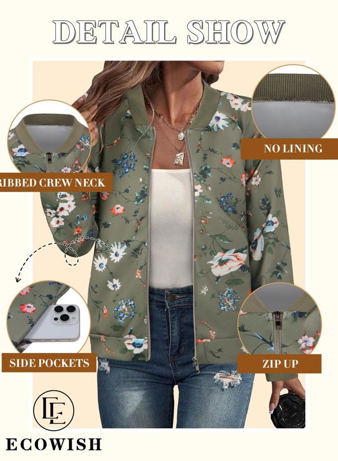 ECOWISH Womens Jackets Lightweight Zip Up Casual Inspired Bomber Jacket Leopard Coat Stand Collar Short Outwear Tops, 337 Army Green, L - Image 4