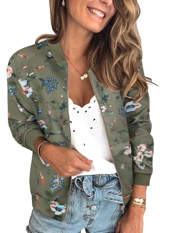 ECOWISH Womens Jackets Lightweight Zip Up Casual Inspired Bomber Jacket Leopard Coat Stand Collar Short Outwear Tops, 337 Army Green, L - Image 1