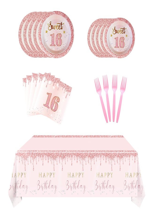 RTHPY Sweet 16 Party Decorations Tableware,Rose Gold 16th Birthday Plates and Napkins Forks Tablecloth,Disposable Pink Tableware Set for 20 Guests Girls Sweet Sixteen Happy Birthday Decorations - Image 1