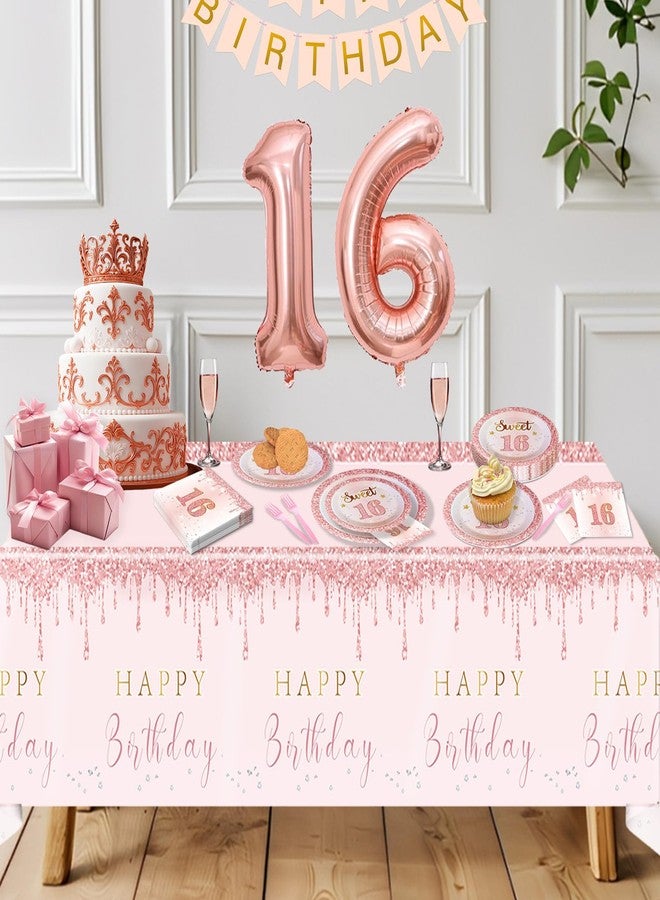 RTHPY Sweet 16 Party Decorations Tableware,Rose Gold 16th Birthday Plates and Napkins Forks Tablecloth,Disposable Pink Tableware Set for 20 Guests Girls Sweet Sixteen Happy Birthday Decorations - Image 5