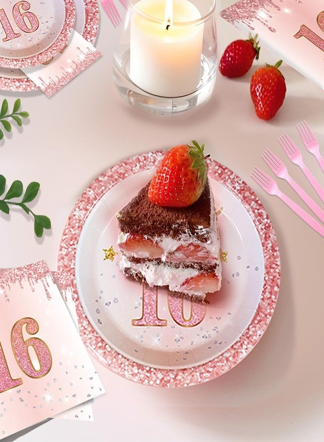 RTHPY Sweet 16 Party Decorations Tableware,Rose Gold 16th Birthday Plates and Napkins Forks Tablecloth,Disposable Pink Tableware Set for 20 Guests Girls Sweet Sixteen Happy Birthday Decorations - Image 4