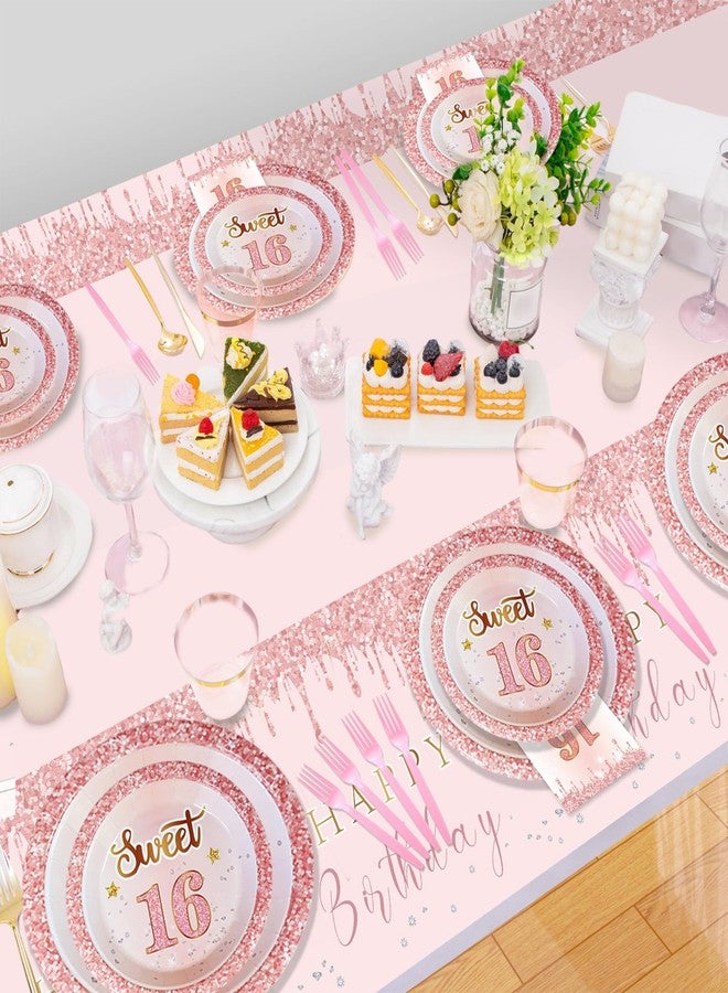 RTHPY Sweet 16 Party Decorations Tableware,Rose Gold 16th Birthday Plates and Napkins Forks Tablecloth,Disposable Pink Tableware Set for 20 Guests Girls Sweet Sixteen Happy Birthday Decorations - Image 3
