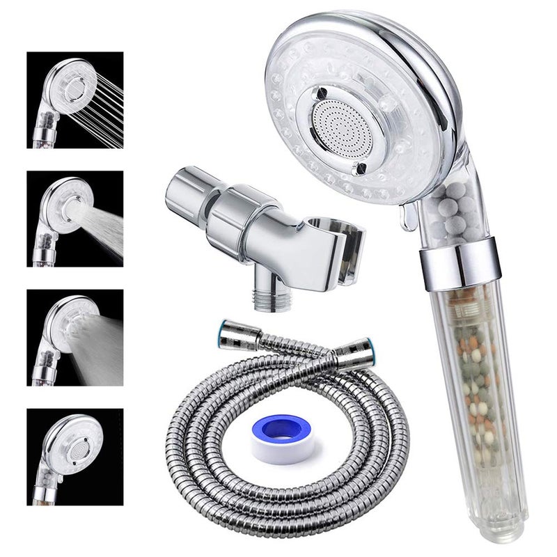 PRUGNA Filter Shower Head with Hose and Shower Arm Bracket High Pressure Water Saving Handheld Shower 3Settings and Water Stop Mode Filter Showerhead for Dry Hair Skin SPA
