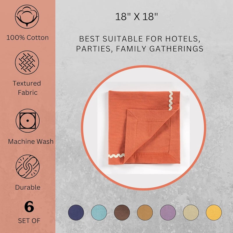 ZOMI Set of 6 Dinner Cloth Napkins High GSM 100 Cotton 18x18 Scallop RIC Rac Lace Washable Reusable Absorbent for Daily Use Weddings Xmas  Restaurants Rust - Image 5