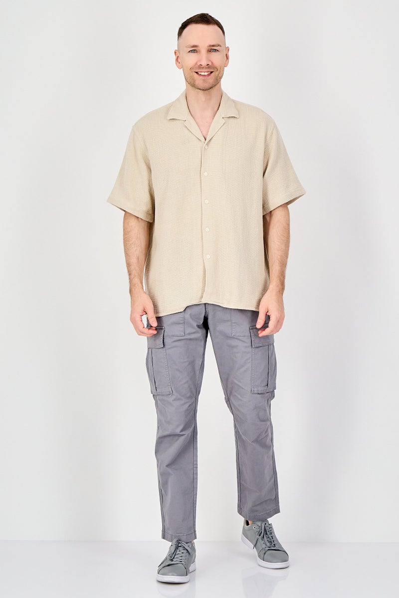 SELECTED Men Regular Fit Knitted Short Sleeve Casual Shirt, Beige - Image 4