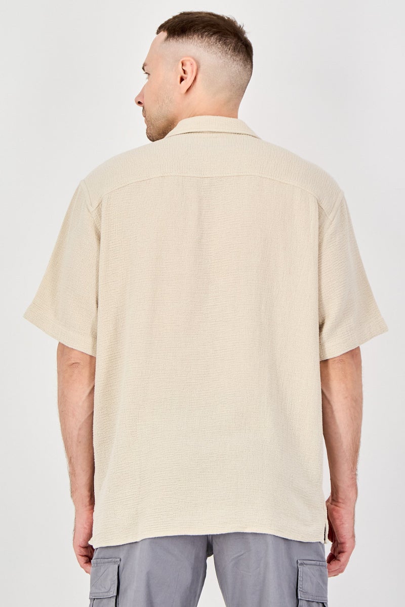SELECTED Men Regular Fit Knitted Short Sleeve Casual Shirt, Beige - Image 3