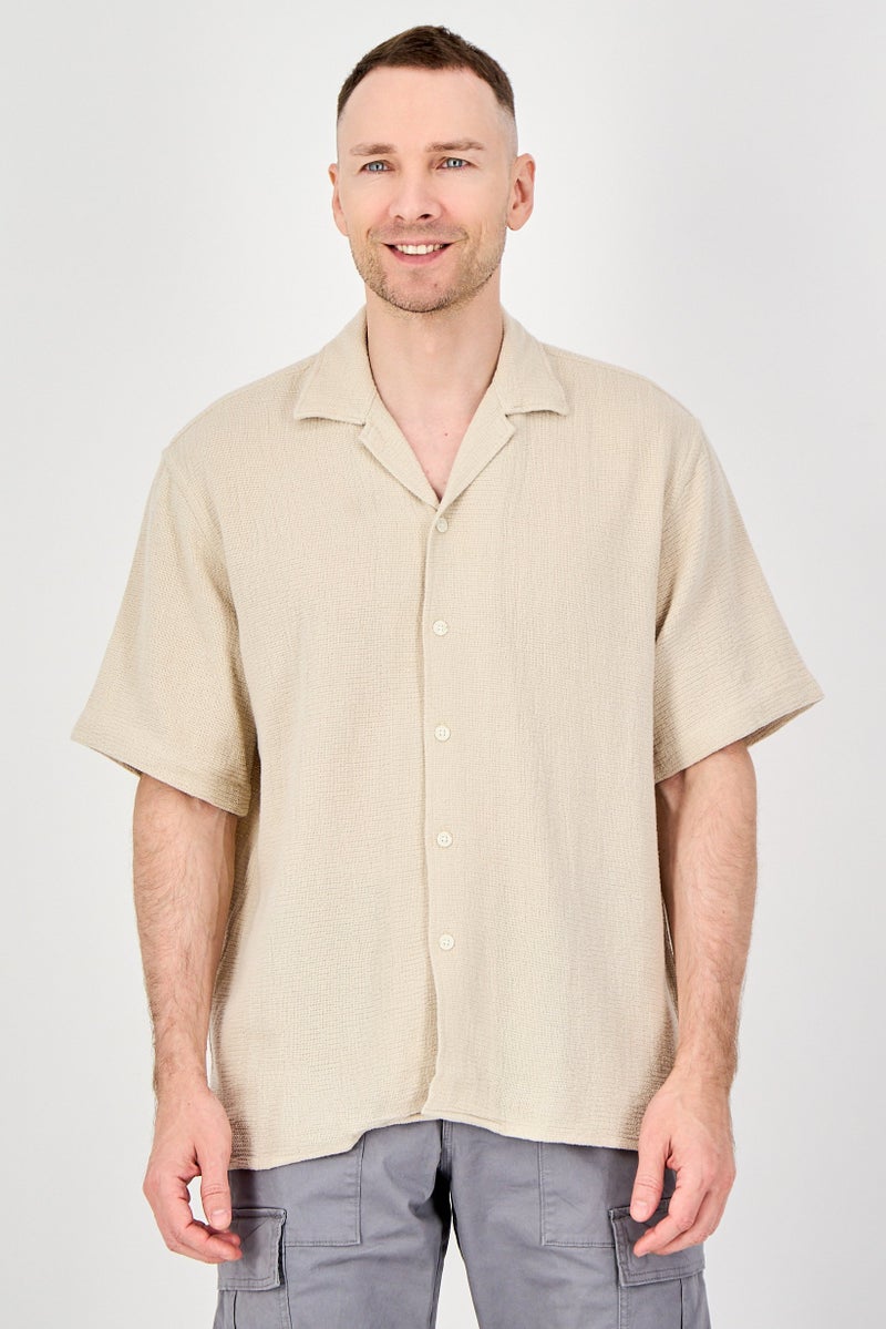 SELECTED Men Regular Fit Knitted Short Sleeve Casual Shirt, Beige - Image 1