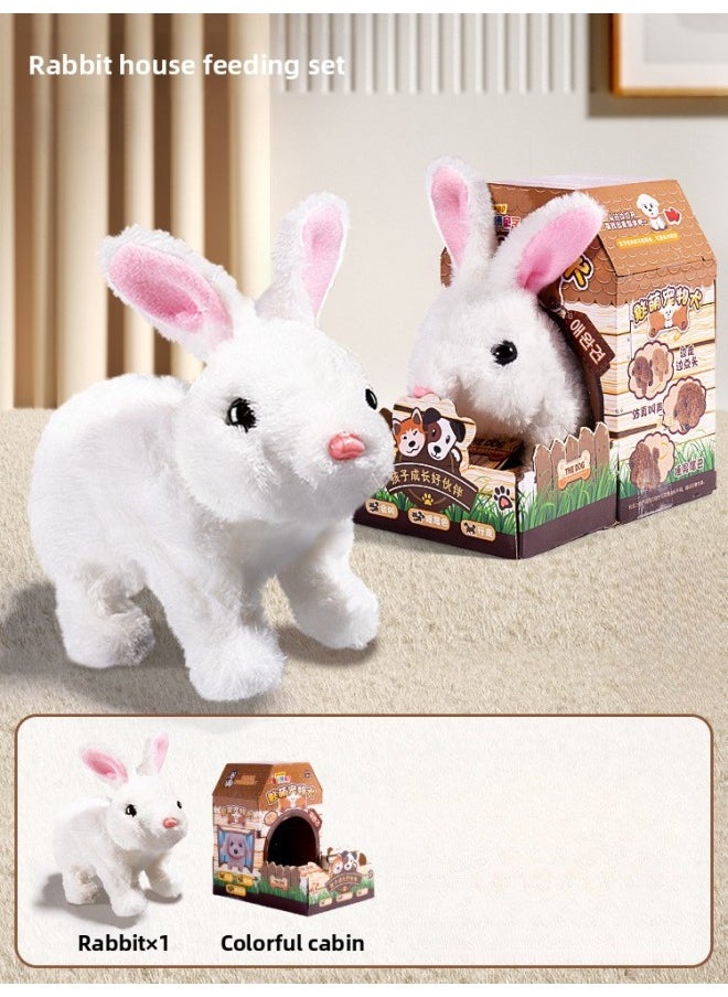 Children's Electric Simulation Bunny Plush Toy Girl Pet White Rabbit Doll Girl Birthday Gift-Color:Little White Rabbit [house]  - Image 1