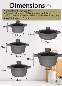 X spring 10-piece Granite Non-stick Cookware Set, 100% PFOA/PFO Free, 20/24/28/32cm Deep Stockpot + 28cm Shallow Stockpot, Glass Lid with Silicone Frame, Large Kitchenware for Multiple People (Gray)  - Image 3