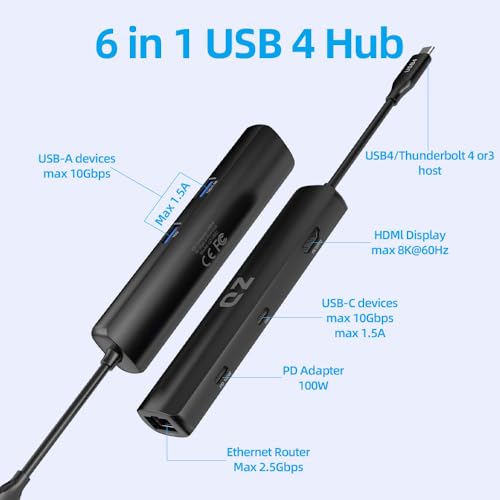 QZ USB 4.0 Hub HDMI 8K/60Hz, 4K/120Hz, 40 Gbps, 6 in 1, USB Hub 4.0, Power Delivery PD 100W, Laptop Docking Station for USB 4.0 PC Laptop Phones and Office Work Stations [Aluminum] - Image 3