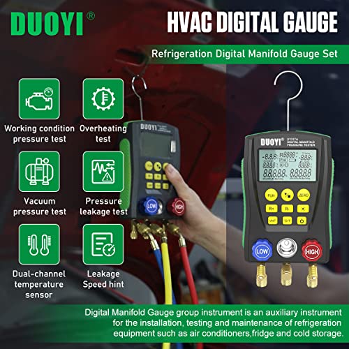 DUOYI مجموعة عدادات مانيفولد الرقمية لتكييف الهواء / الثلاجة عدادات HVAC الرقمية ضغط مزدوج واختبار درجة الحرارة أدوات ومعدات تكييف الهواء مانيفولد HVAC مع خرطوم ثلاثي الألوان، 2 زوج من مشابك الاختبار - Image 2