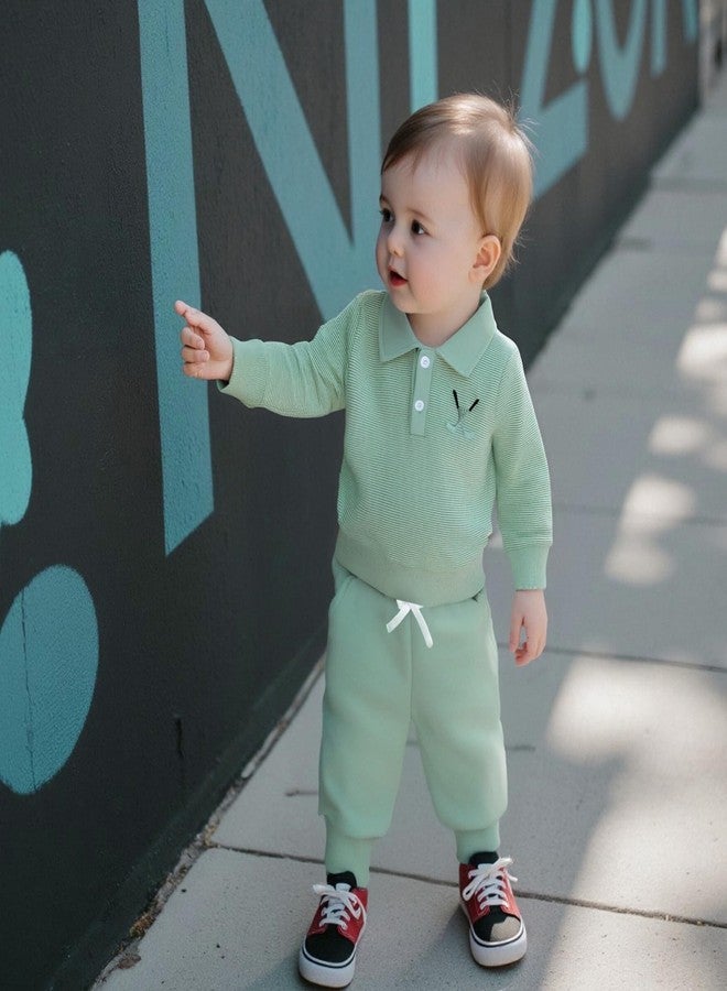 Amnnchya Toddler Boy Girl Golf Outfit Stripes Long Sleeve Sweatshirt Shirt Cute Pants Set Kids Baby Fall Winter Clothes (Green, 2-3T) - Image 4