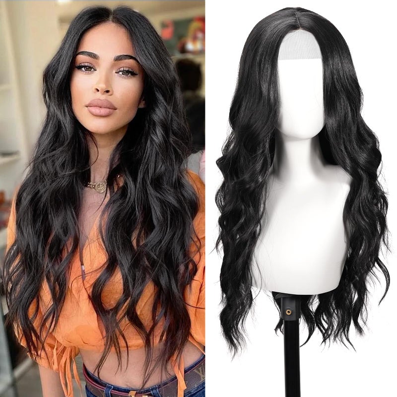 SHINLEA Black Wig for Women 26 Inch Long Wavy Lace Hairline Middle Part Natural Looking Synthetic Heat Resistant Fiber Wigs for Daily Party Halloween and Cosplay Black