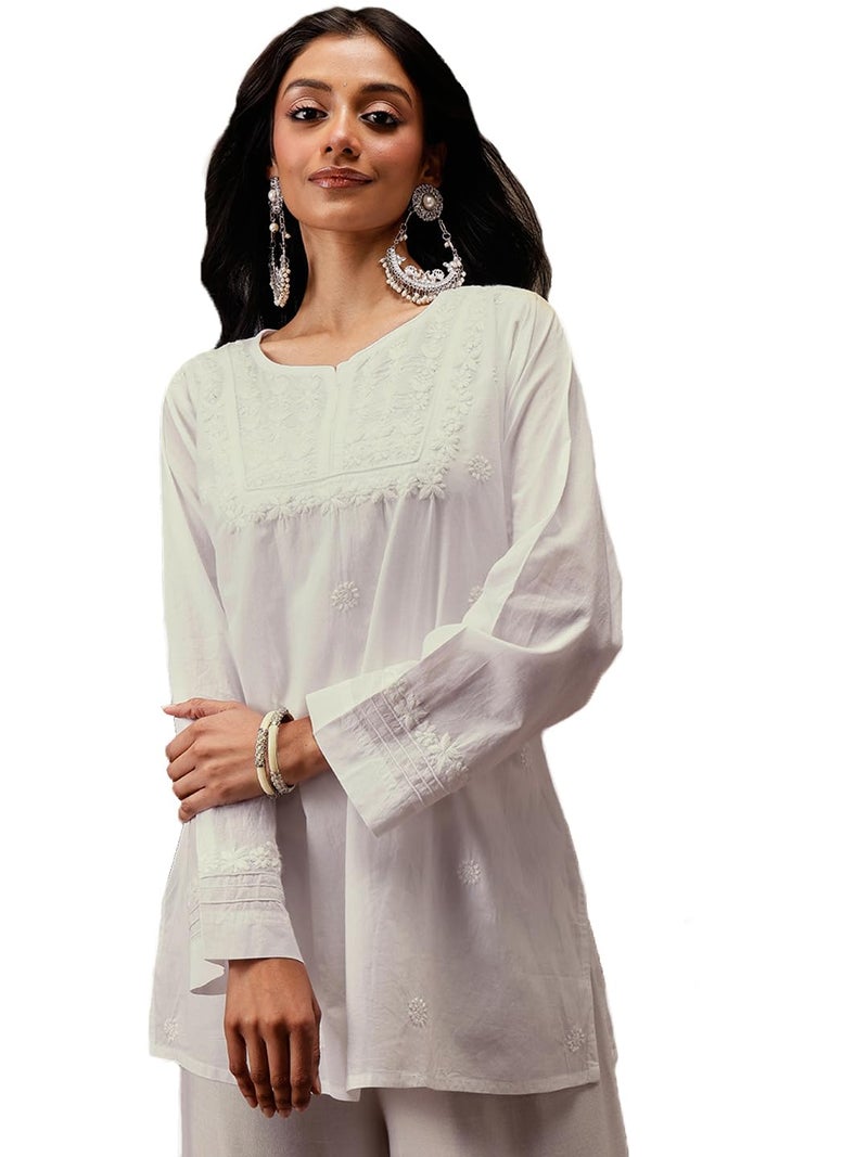 Ada Women Cotton Regular Hand Embroidered Lucknow Chikankari Straight White Top Tunic Kurti A911205 (2XL) - Image 1