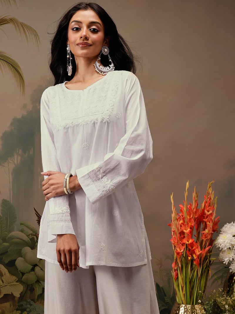 Ada Women Cotton Regular Hand Embroidered Lucknow Chikankari Straight White Top Tunic Kurti A911205 (2XL) - Image 5