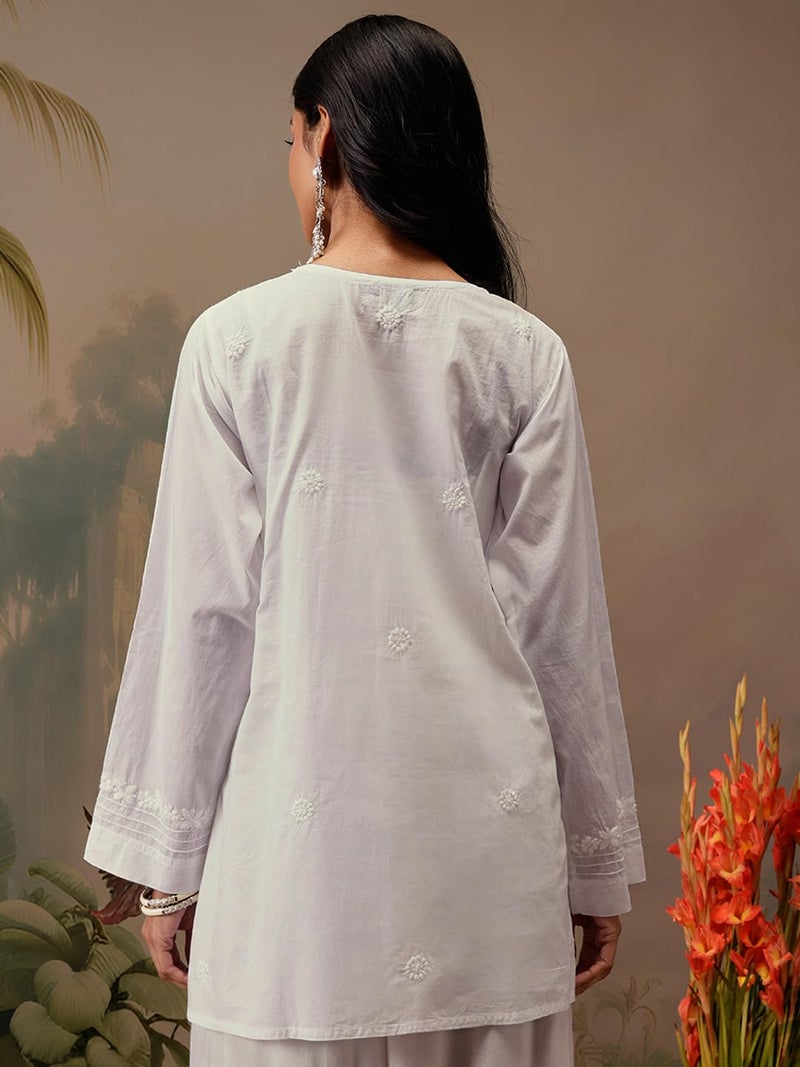 Ada Women Cotton Regular Hand Embroidered Lucknow Chikankari Straight White Top Tunic Kurti A911205 (2XL) - Image 2