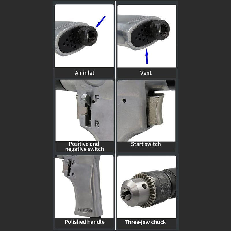 klarako Air Tool Drillpistol Drills, 1/2" Pneumatic Air Drill, 700rpm CW/CCW Handle Type Reversible Variable Speed Drilling Tool Engraving Grinder with 360°Reversible Handle for Furniture, Hardware - Image 4