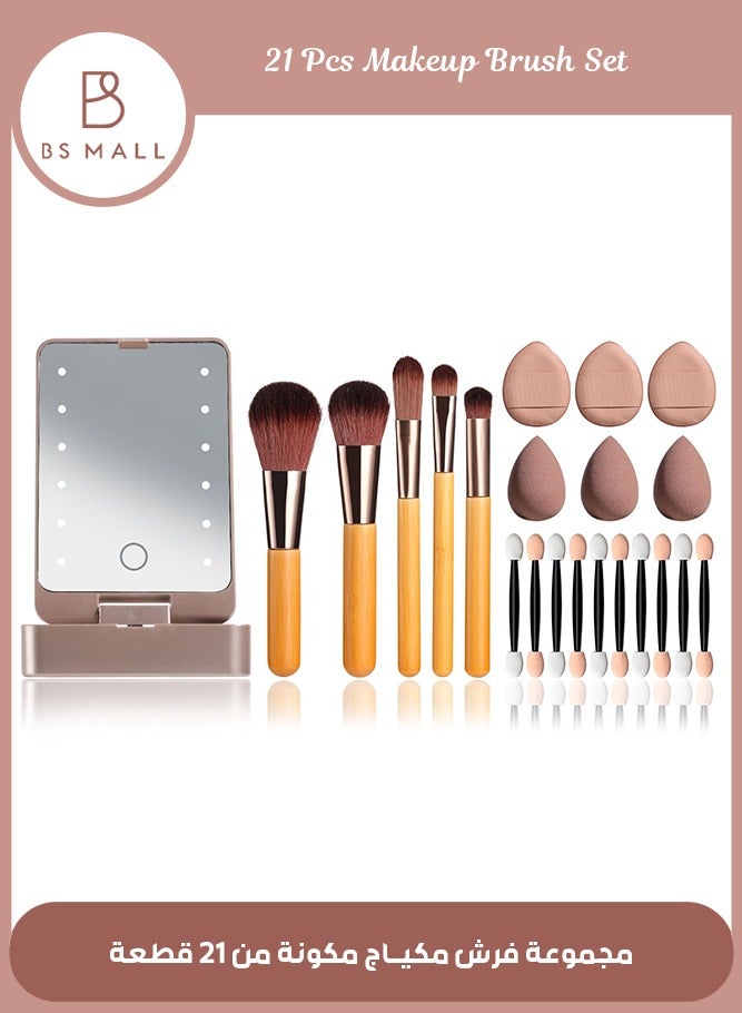 BS Mall 22-Piece Makeup Brush Set with LED Mirror Case, 5 Travel Makeup Brushes, 10 Foundation Concealer Blush Eyeshadow Brush Set, Contour Powder Eyebrow Eyelash Brush Kit & 6 Powder Puff (Bamboo) - Image 1
