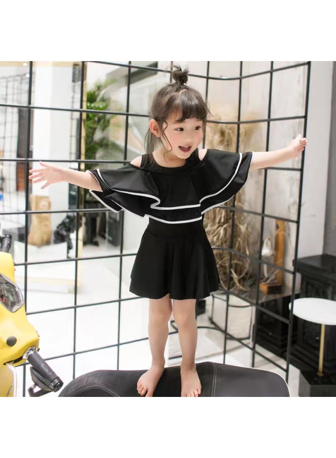 Loquat Parent-child Swimsuit Mother And Daughter One-piece Boxer Cover Belly Slimming Swimsuit Korean Off-shoulder Children Girl Swimsuit-Color:Adult Black + Swimming Cap- - Image 4