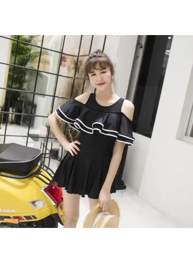 Loquat Parent-child Swimsuit Mother And Daughter One-piece Boxer Cover Belly Slimming Swimsuit Korean Off-shoulder Children Girl Swimsuit-Color:Adult Black + Swimming Cap- - Image 5