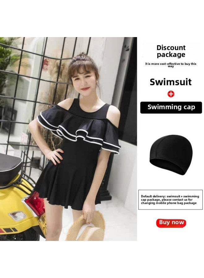 Loquat Parent-child Swimsuit Mother And Daughter One-piece Boxer Cover Belly Slimming Swimsuit Korean Off-shoulder Children Girl Swimsuit-Color:Adult Black + Swimming Cap- - Image 1