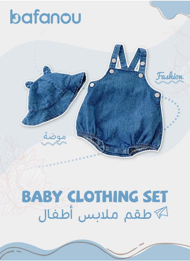 Bafanou Bafanou Summer Cowboy Style Baby Boy Jumpsuit - Sleeveless Blue Romper with Matching Hat 2 Pcs for Newborns and Infants  - Image 1