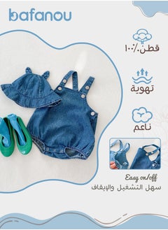 Bafanou Bafanou Summer Cowboy Style Baby Boy Jumpsuit - Sleeveless Blue Romper with Matching Hat 2 Pcs for Newborns and Infants  - Image 2