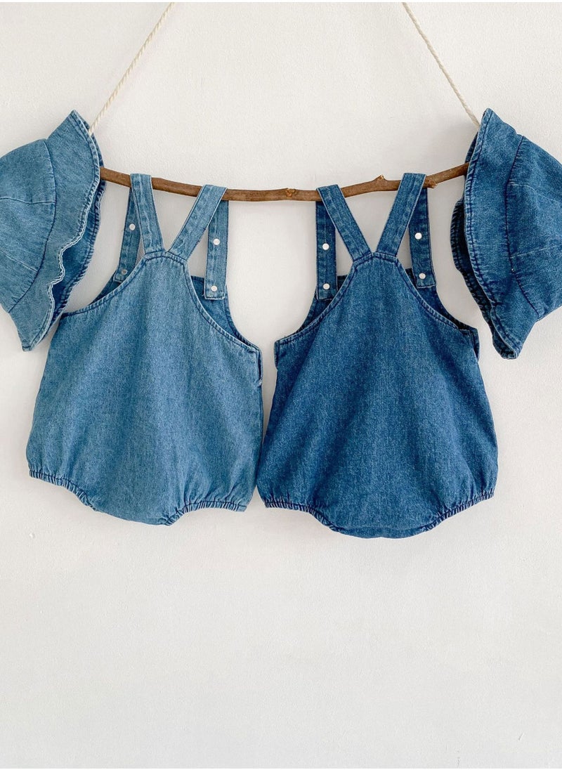 Bafanou Bafanou Summer Cowboy Style Baby Boy Jumpsuit - Sleeveless Blue Romper with Matching Hat 2 Pcs for Newborns and Infants  - Image 4