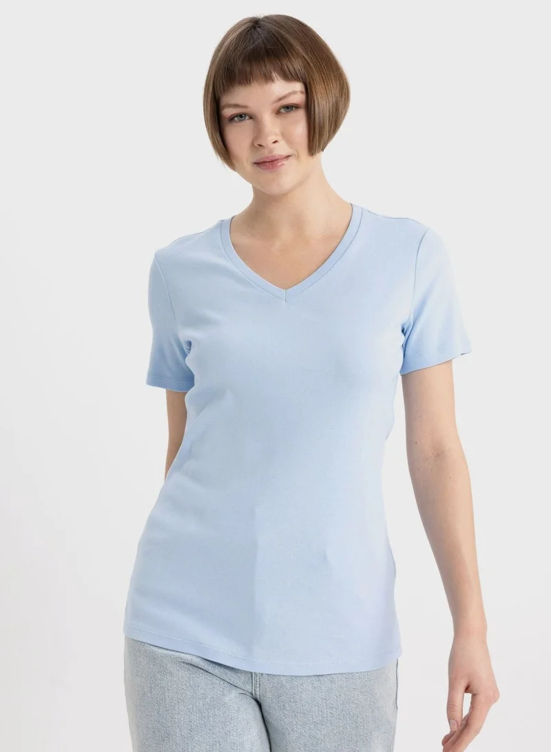 DeFacto Slim Fit V-Neck Ribana Short Sleeve T-Shirt