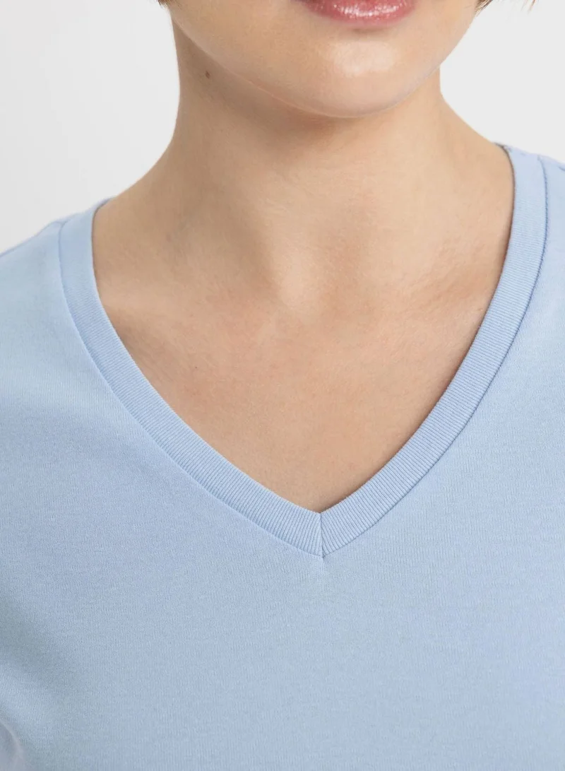 DeFacto  Slim Fit V-Neck Ribana Short Sleeve T-Shirt for Women | Best Price UAE