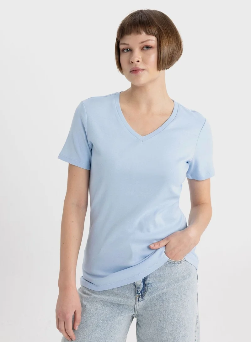 DeFacto  Slim Fit V-Neck Ribana Short Sleeve T-Shirt for Women | Best Price UAE