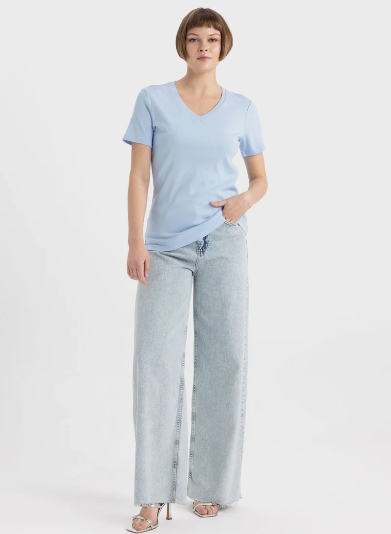 DeFacto  Slim Fit V-Neck Ribana Short Sleeve T-Shirt for Women | Best Price UAE