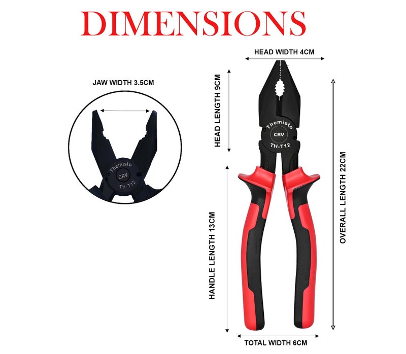 Themisto TH-T12 8 Inch Combination Plier | Black Phosphate Coated | (200mm) | Red - Image 2