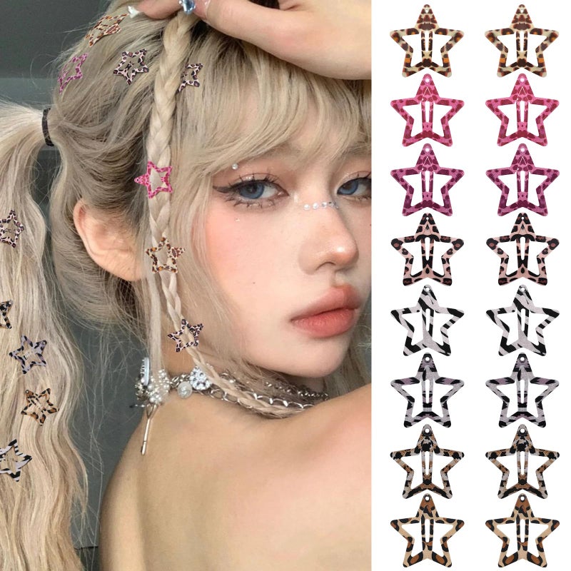 SAOROPEB Star Hair Clips Snap Hair Barrettes Non Slip Star Hair Accessories Leopard Colors Metal Hair Clips for Girls Women -16 PCS -Red & Grey - Image 1