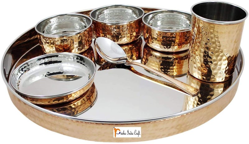 Prisha India Craft Dinnerware Stainless Steel Copper Traditional Dinner Set Of Thali Plate Bowls Glass And Spoon Diameter 13 Inch