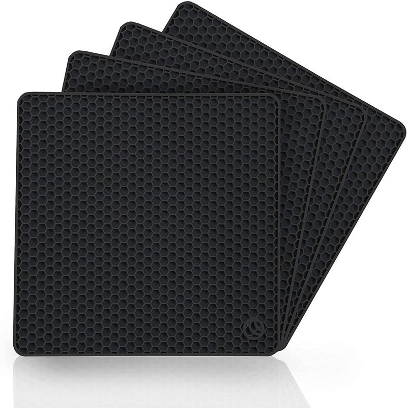 P-Plus International Silicone Trivet Mats - Pot Holders - Drying Mat Our potholders Kitchen Tool is Heat Resistant to 480°F, Non-Slip Durable Flexible Easy to wash (Black, Pack of 4) - Image 1