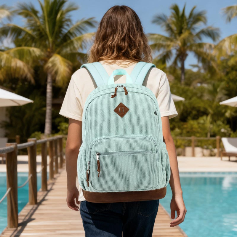 mygreen Corduroy School Backpack for Teens Girls & Boys, Vintage Lightweight Laptop Bag with Padded Sleeve, Large Capacity Water-Resistant Bookbag for College, High School, and Daily Use Green - Image 2