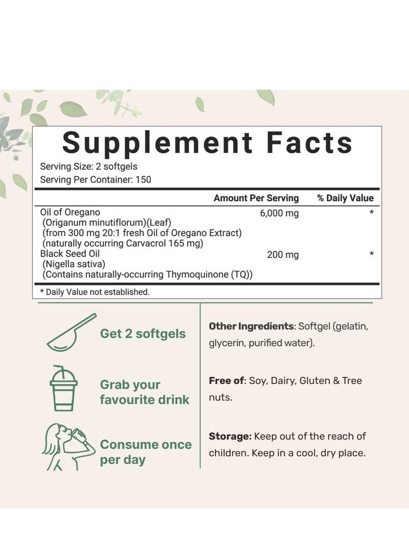 Oil Organic Oregano u0026 Black Seed  Softgels | 180 Capsules Non-GMO Supplement | Natural Oregano  Extract for Immune Support u0026 Wellness - Image 3