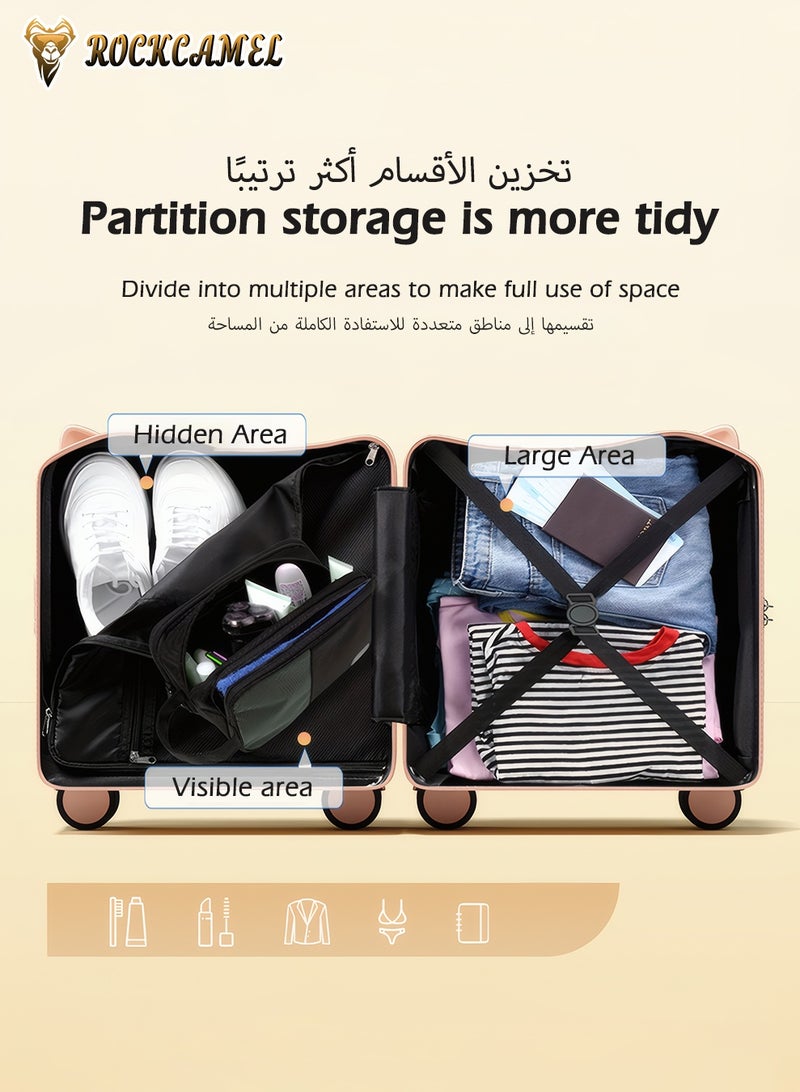 ROCKCAMEL حقيبتان سفر للأطفال قابلة للركوب، مقاس 20 بوصة، مع حامل للمشروبات، وعجلات ملساء وصامتة، ومقبض قابل للتعديل، ومقعد على شكل حرف U، وقفل سري، وتصميم فريد، وهيكل خارجي صلب من مادة ABS للمطار والمدرسة (لون أبيض) - Image 4
