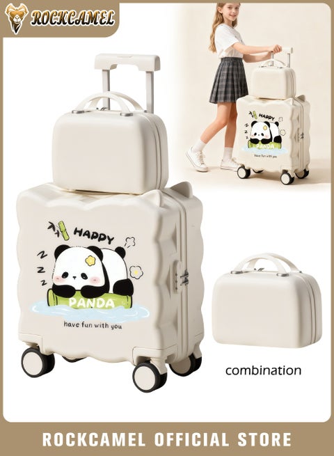 2PCS Kids Ride-On Suitcase, 20 Inch Carry-On Luggage with Cup Holder, Smooth Silent Wheels, Telescopic Handle, U-Shaped Seat, Password Lock, Unique Design, ABS Hardshell Case for Airport School (White)