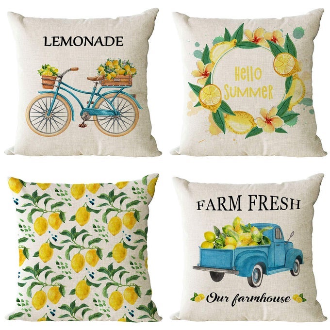 SET OF 4 SUMMER THROW PILLOW COVERS 16X16 INCH SUMMER DECORATIVE LEMON TRUCK BIYCLE FARMHOUSE PILLOWCASE SQUARE COTTON LINEN CUSHION COVERS FOR SUMMER HOME DCOR 16 BY 16