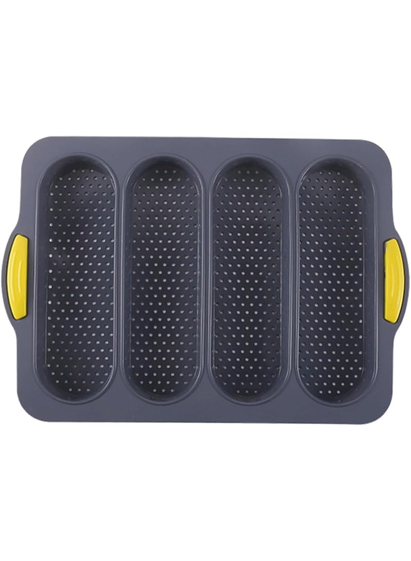 Non-Stick Silicone French Bread Loaf Pan with 4 Buns Mold, Black Food-Grade Baking Tray for Loaf, Hot Dog Buns, Sandwich & Homemade Breads - Image 1